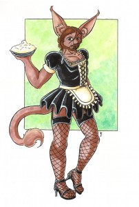 Anthropomorphic male catbunny in a vinyl maid's dress, ready to throw the cream pie in his right hand